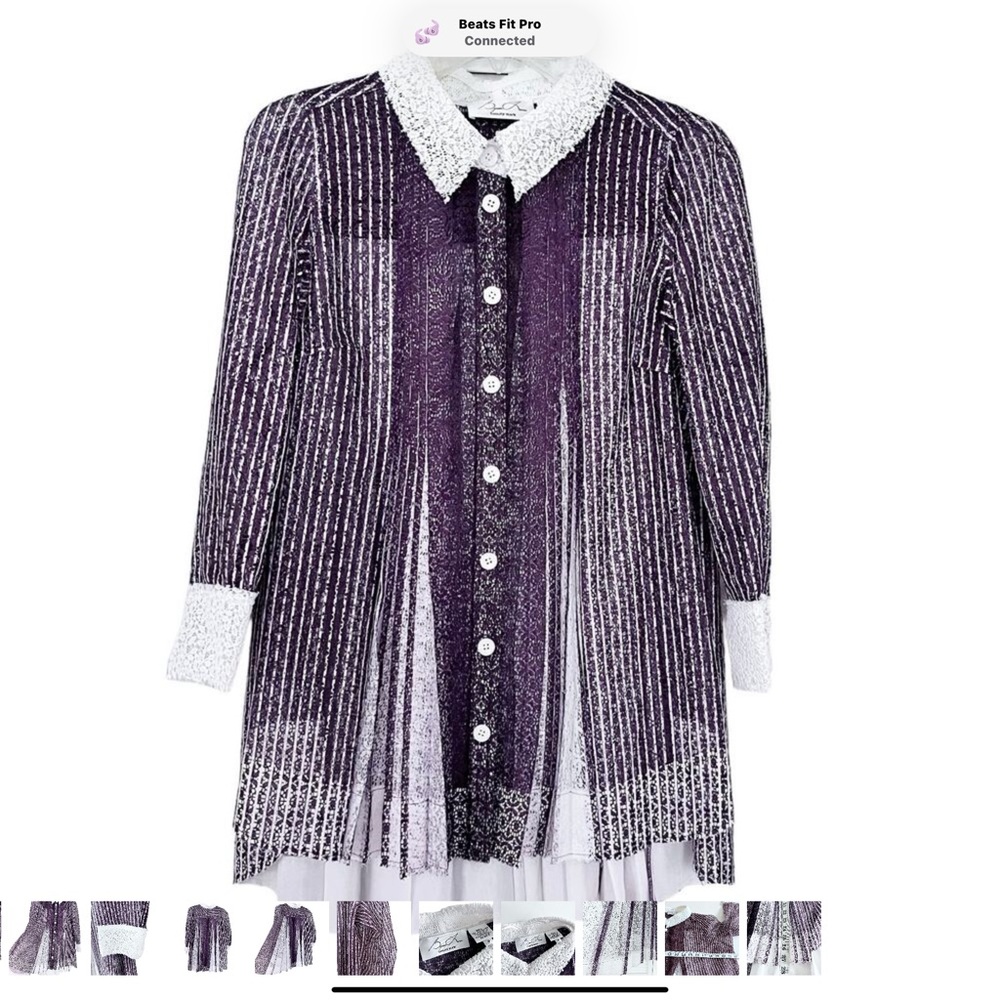 Byron Lars White and Purple Buttoned Shirt Dress with Peter Pan Collar